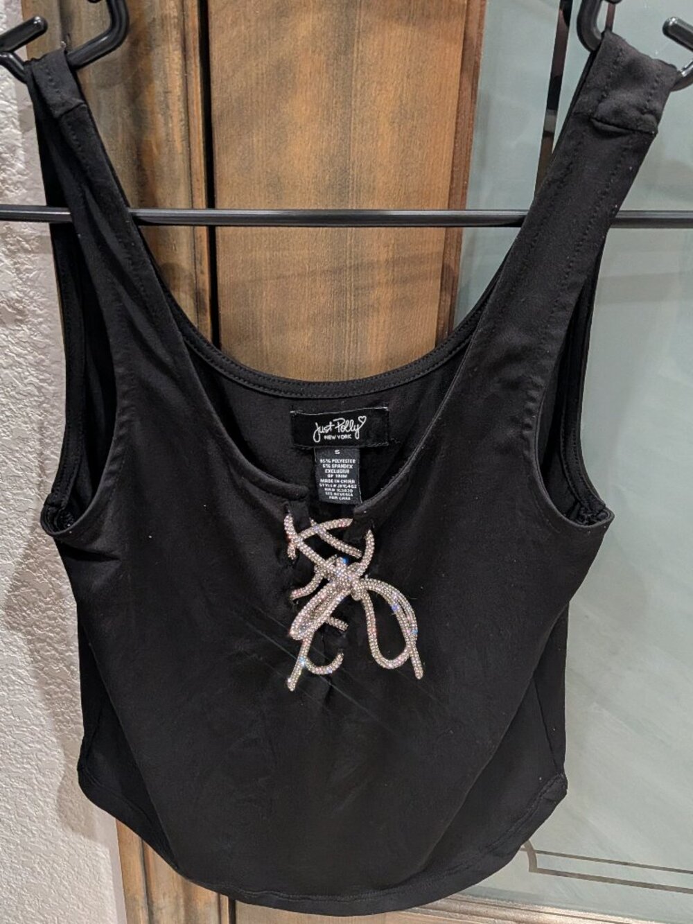 Just Polly NY Black Rhinestone Lace Up Crop Tank Top Festival Clubwear Size S